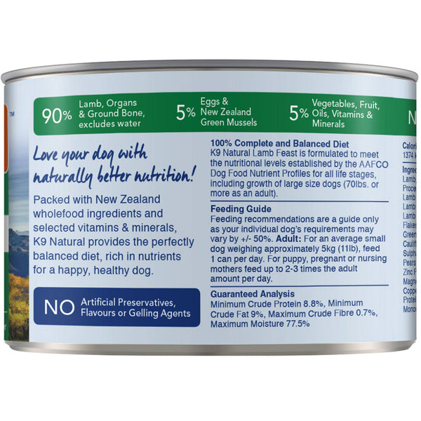 K9 Natural Canned Lamb Feast Dog Food 6oz HEALTHY SPOT