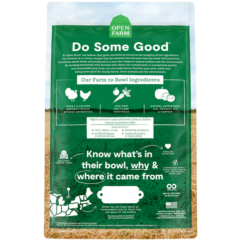 Open Farm Homestead Turkey & Chicken Dry Dog Food, Back Image of Green Bag of Dog Food