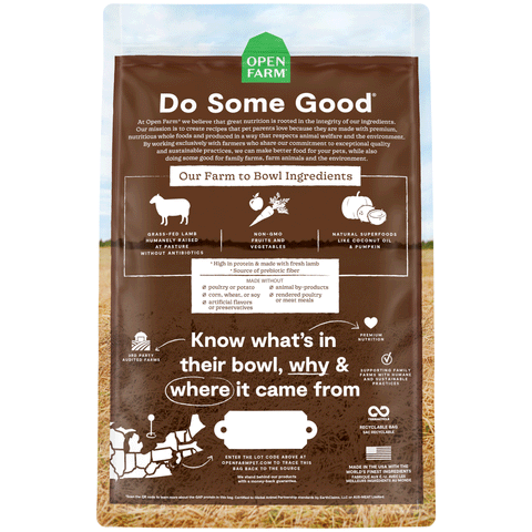 Open Farm Pasture Raised Lamb Dry Dog Food, Back Image of Brown Bag of Dog Food