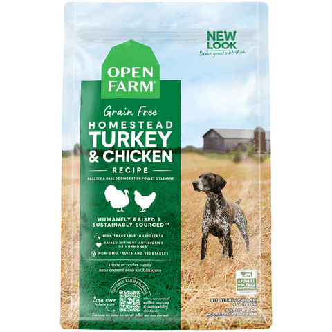 Open Farm Homestead Turkey & Chicken Dry Dog Food, Front Image of Green Bag of Dog Food 4lbs