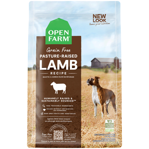 Open Farm Pasture Raised Lamb Dry Dog Food, Front Image of Brown Bag of Dog Food 4lbs