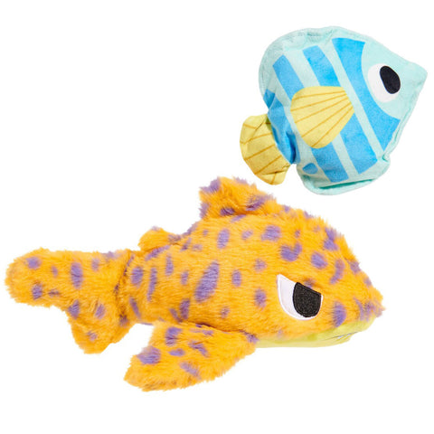 Front Image of Orange Plush Shark and Blue Plush Fish Toy