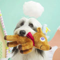 Bark My Little Reindeer Dog Toy | Lifestyle Image of Dog with Brown Plush Reindeer
