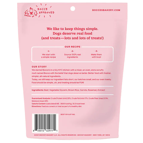 Back of a pink dog treat package with text and branding