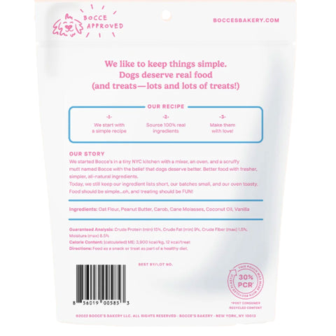 Back of a Bocce Bakery packaging with text and branding.