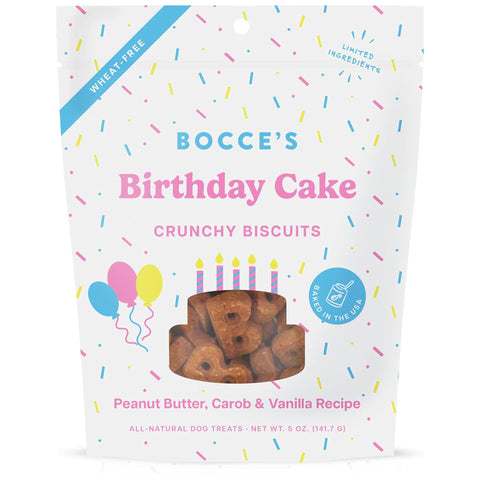 Bocce's Birthday Cake crunchy biscuits packaging with colorful design and text.