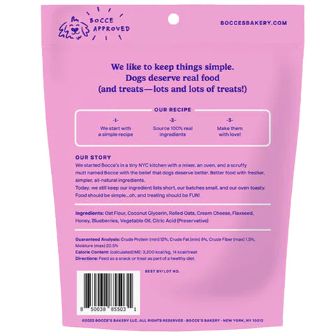 Back of a pink dog treat package with text and branding