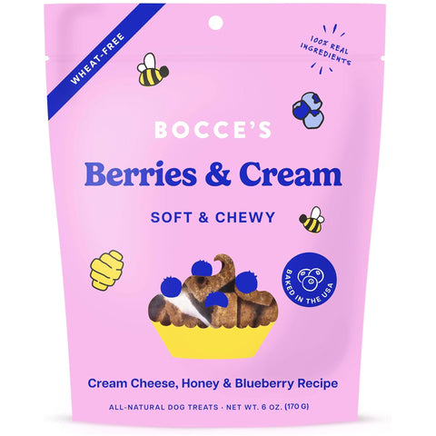 Bocce's Berries & Cream soft and chewy dog treat pink package on a white background