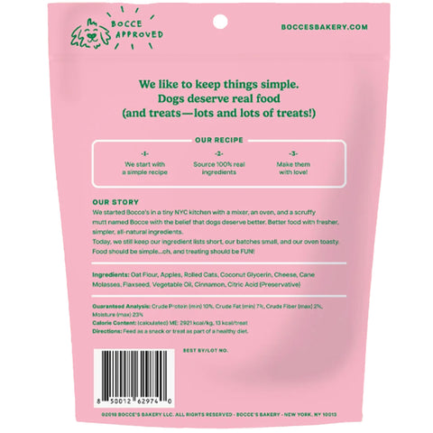 Back of a pink dog treat package with text and branding