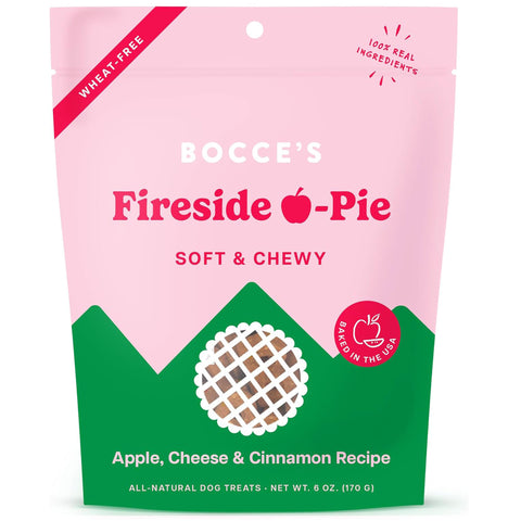 Bocce's Fireside Apple Pie dog treat package with pink and green design.
