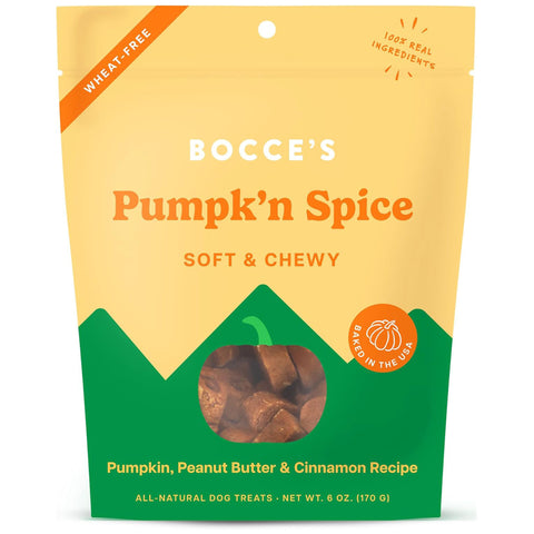 Bocce's Pumpkin 'n Spice soft and chewy dog treat package on a white background
