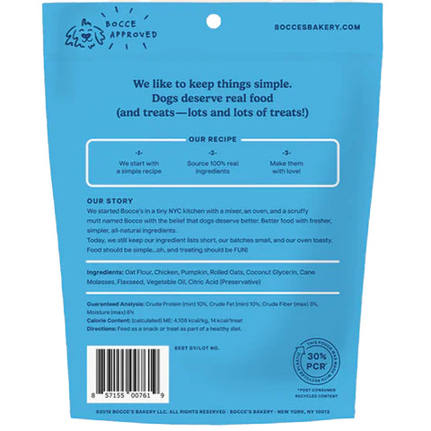 Back of a blue Bocce Bakery dog treat package with text and branding.