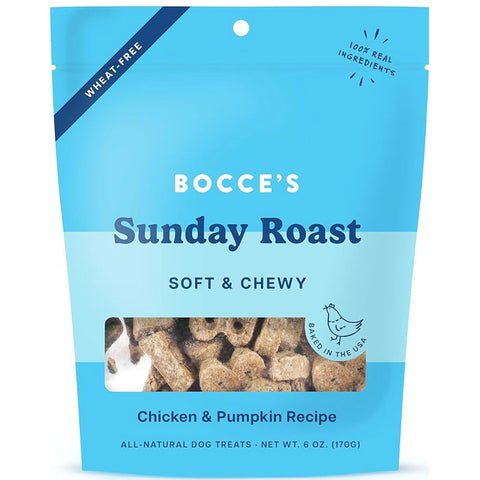 Bocce's Sunday Roast dog treat package with blue background and visible treats.