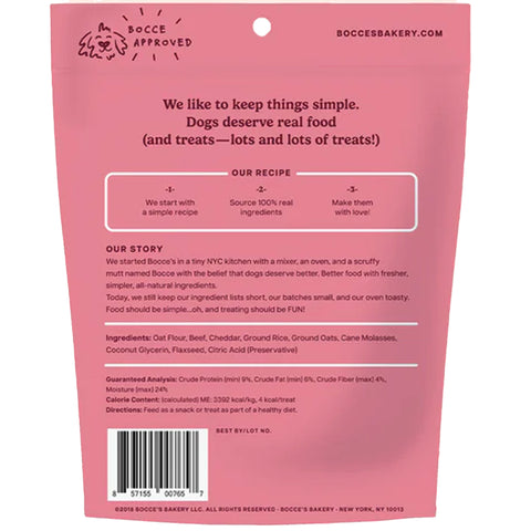 Back of a pink dog treat package with text and branding