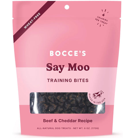 Pink package of Bocce's Say Moo Training Bites with beef and cheddar recipe on a white background