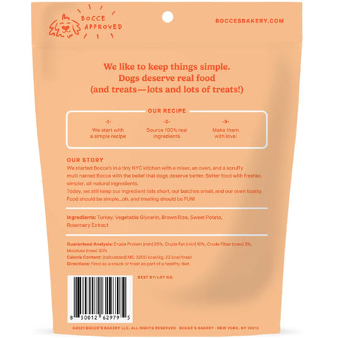 Back of a Bocce Bakery dog treats package with text and branding.