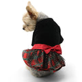 Dogo Pet Fashions Velvet Plaid Dress - Black & Red | Lifestyle Image of Small Dog with Red and Black Pet Dress