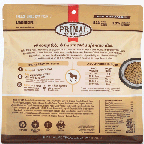 Primal Freeze-Dried Lamb Pronto Dog Food, Back Image of Tan Packaging of Freeze-Dried Raw Pronto Lamb Recipe