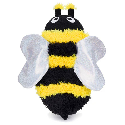 Plush bee dog toy with black and yellow stripes on a white background