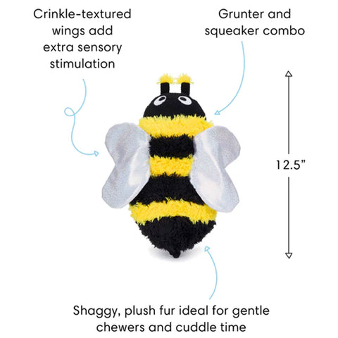 Bee-shaped dog toy with features highlighted on a white background