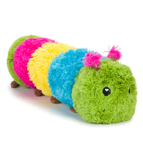 Colorful plush caterpillar dog toy on a white background