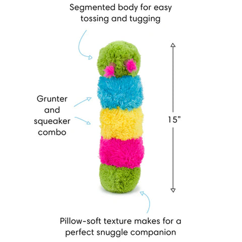 Colorful caterpillar dog toy with text describing features on a white background