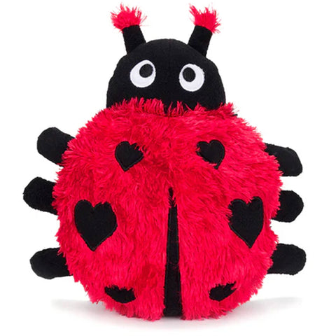 Plush ladybug dog toy with red body, black spots, and black head on a white background