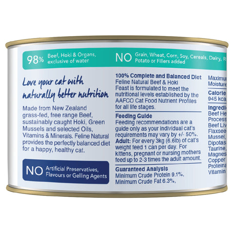 Feline Natural Beef & Hoki Canned Cat Food | Back Image of Beef and Hoki Feast 6oz