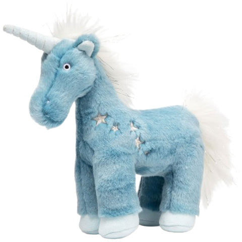 Blue unicorn plush toy with stars on a white background