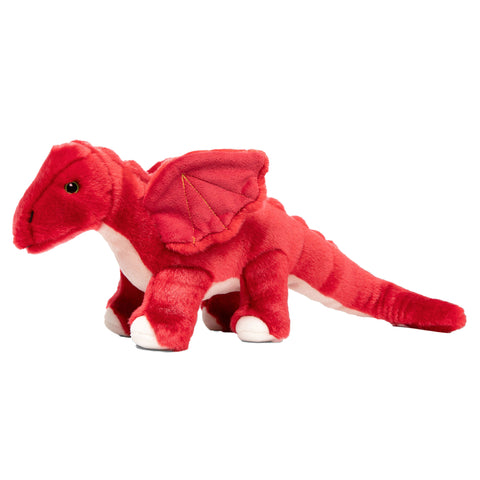 Red plush dinosaur toy on a white background