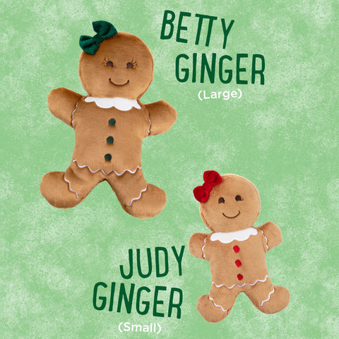 Two gingerbread toy figures, one large and one small, on a green background with 'Betty Ginger' and 'Judy Ginger' text.