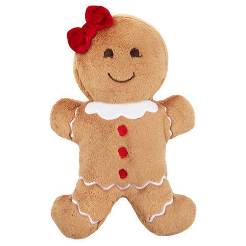 Plush gingerbread man toy with a red bow on a white background