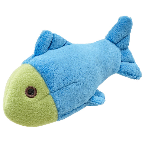 Blue and green plush fish toy on a white background