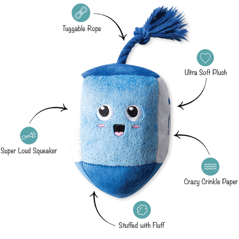 Fringe Go for a Spin Dreidel Dog Toy, Front image of blue plush dreidel with rope attached