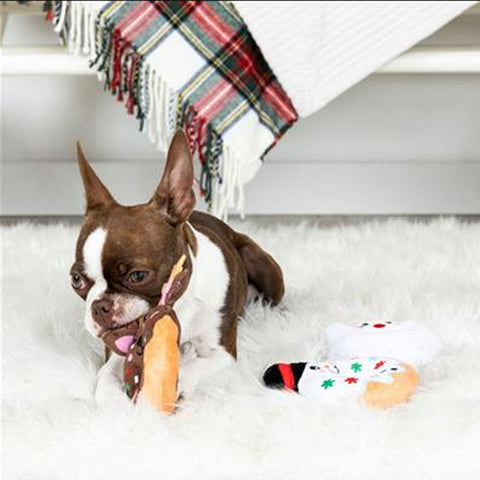Fringe Hole Lot of Fun Dog Toys | Lifestyle Image of Small Dog with Plush Christmas Themed Donuts