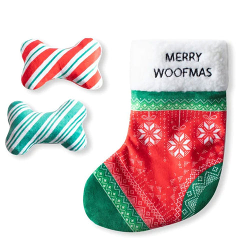Fringe Merry Woofmas Stocking Dog Toys - 3 Pack | Front Image of Green and Red Stocking with Plush Bones