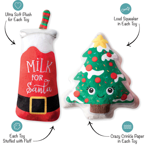 Fringe Santa Ready - Dog Toys | Front Image of Plush Milk and Christmas Tree