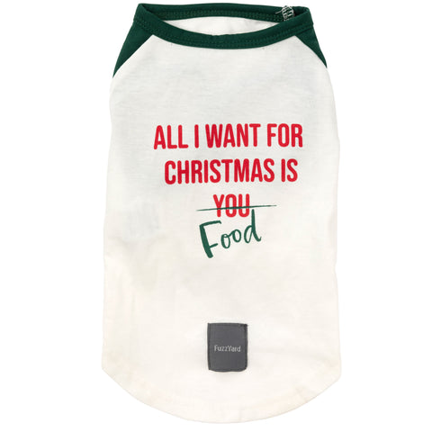 Fuzzyard All I Want is Food T-Shirt | Front Image of White Shirt with Christmas Slogan