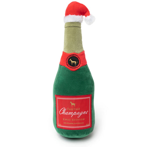 Fuzzyard Holiday Champagne Dog Toy | Front Image of Green Plush Champagne Bottle
