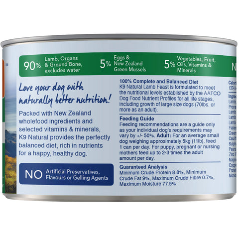 K9 Natural Canned Lamb Feast Dog Food - 6oz | Back Image of Lamb Feast Wet Food