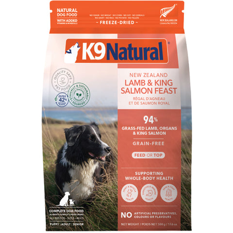 K9 Natural Freeze-Dried Lamb & Salmon Dog Food | Front Image of Lamb and Salmon Feast Dog Food 1.1lbs