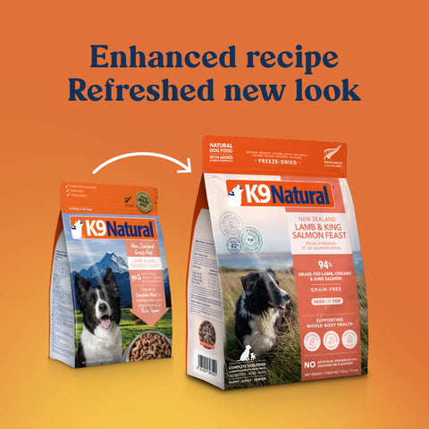 K9 Natural Freeze-Dried Lamb & Salmon Dog Food | Front Image of Lamb and Salmon Feast Dog Food 4lbs - New Packaging