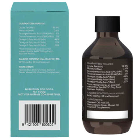 K9 Natural Hip & Joint Health Oil for Dogs 5.9oz. Back image showing both the bottle of flaxseed oil and blue packaging.