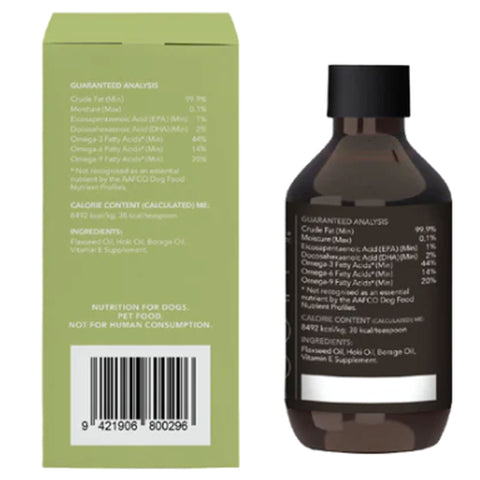 K9 Natural Skin & Coat Health Oil 5.9 oz. Back image of the flaxseed oil bottle and green packaging.