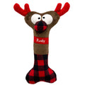 Huxley & Kent Reindeer Bone Dog Toy | Front Image of Brown, Red and Black Plush Dog Bone