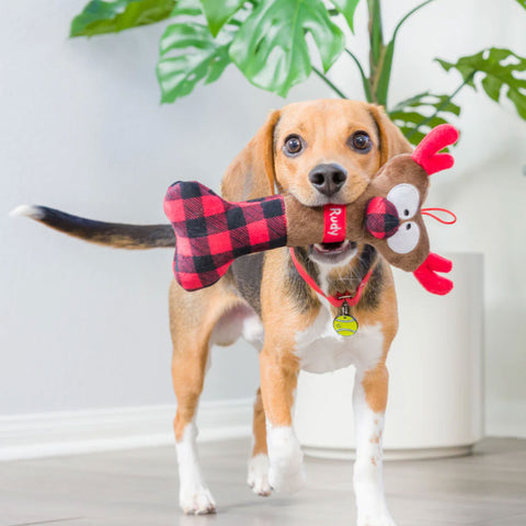 Huxley & Kent Reindeer Bone Dog Toy | Lifestyle Image of Dog With Brown, Red and Black Plush Dog Bone