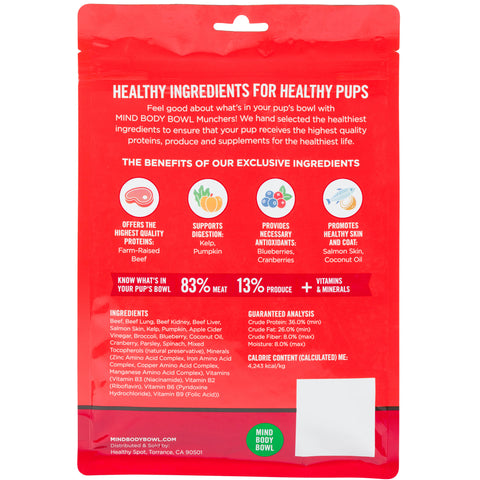 Mind Body Bowl Freeze-Dried Munchers Dog Beef 14 oz | Back Image of Red and White Bag of Beef Munchers