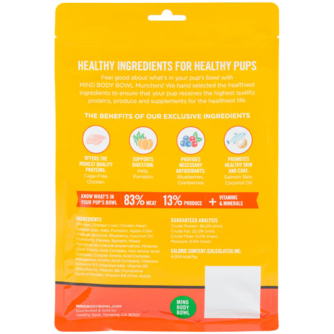 Mind Body Bowl Freeze-Dried Munchers Dog Chicken 14 oz | Back Image of Yellow and White Bag of Chicken Munchers