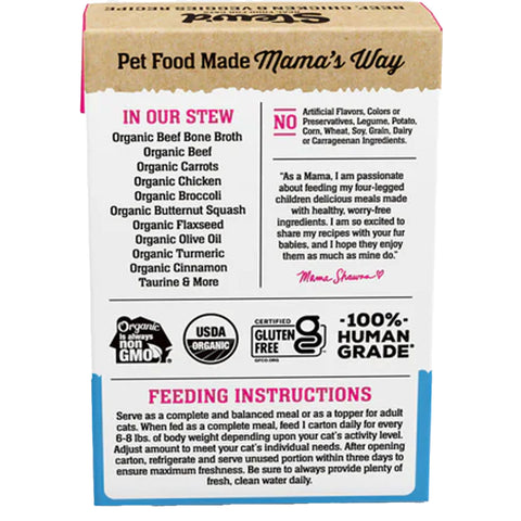 Mama Shawna Organic Stew'd Cat Beef, Chicken, & Veggies 5.5 oz | Back Image of Beef, Chicken and Veggie Cat Food