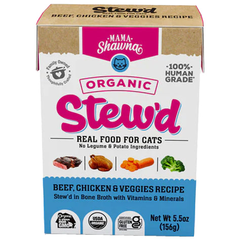 Mama Shawna Organic Stew'd Cat Beef, Chicken, & Veggies 5.5 oz | Front Image of Beef, Chicken and Veggie Cat Food